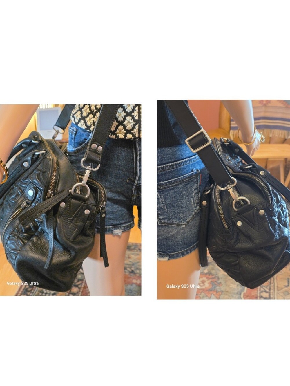 BLACK QUILTED Floral Genuine LEATHER Oversized Satchel/Crossbody SLOUCHY EUC - Picture 8 of 17